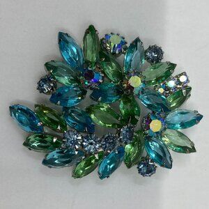 Vtg CONTINENTAL ? chunky green/blue 2 3/4" rhinestone crystal brooch